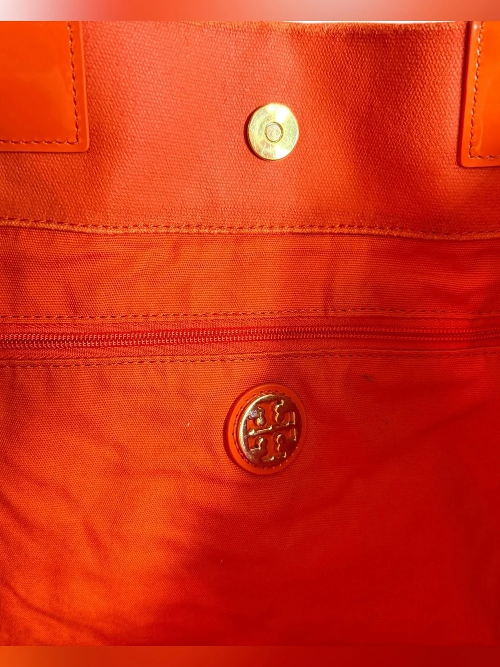 Tory Burch Orange Canvas Tote Patent Leather Trim Embossed Logo Bag